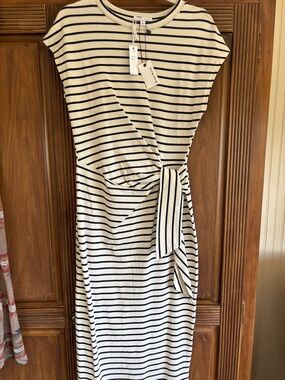 Striped Tie-Waist Midi Dress in White and Navy by Miou Muse